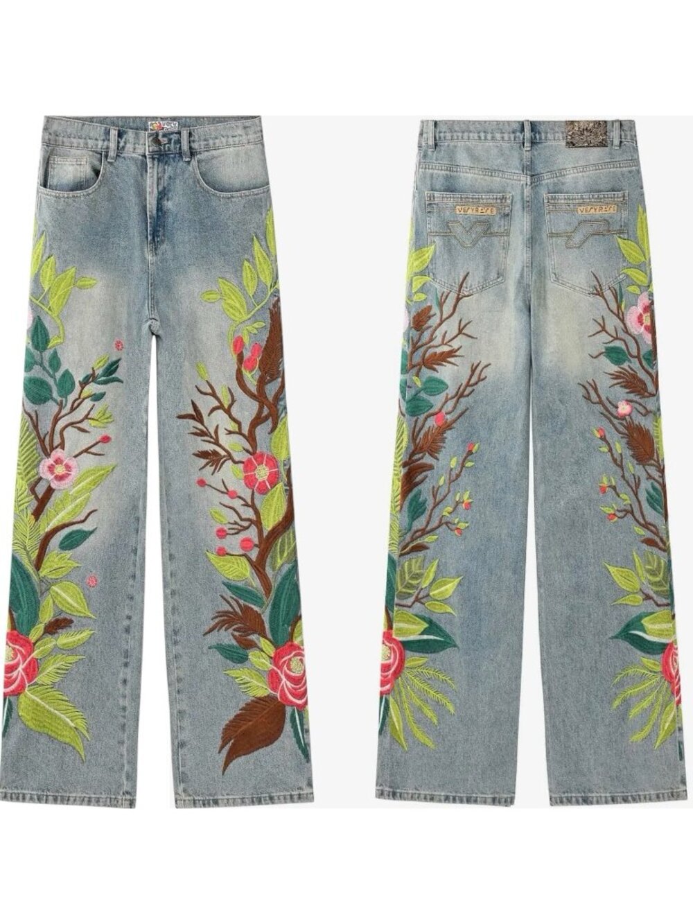 Unisex VeryRare Sakura Pants Jeans Size M L XL Blue Embroidered Cherry Blossom - Picture 3 of 17